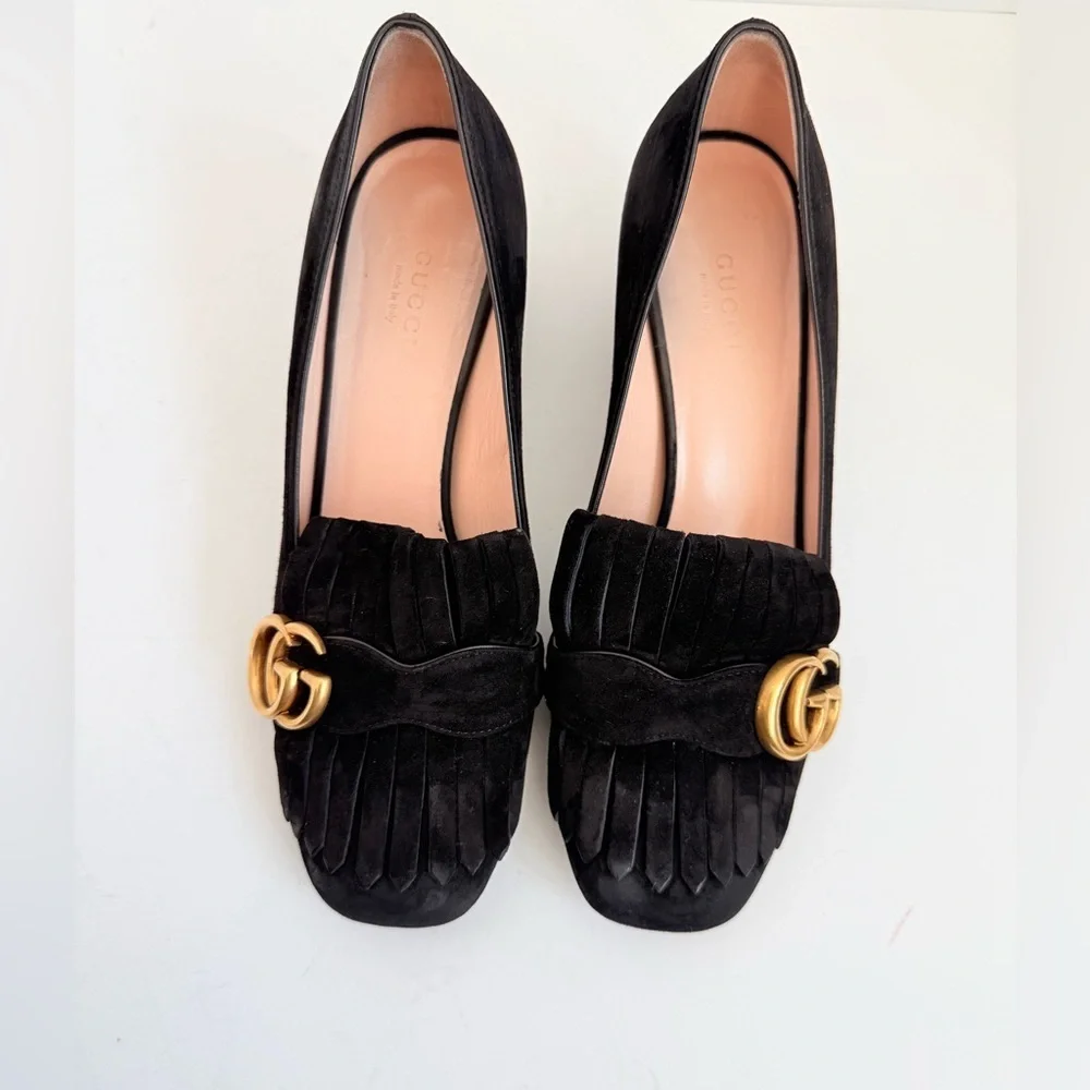Gucci Black Suede Leather Marmont GG Fringe 55mm Loafer Pumps EU 37.5
